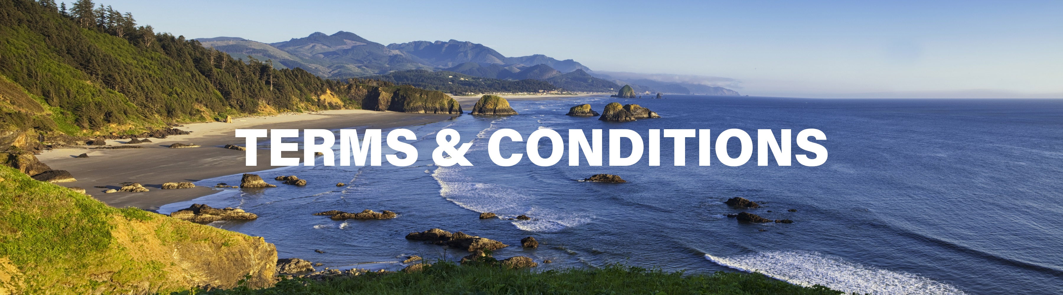Coastal landscape with forested cliffs and ocean waves, overlaid text TERMS & CONDITIONS.
