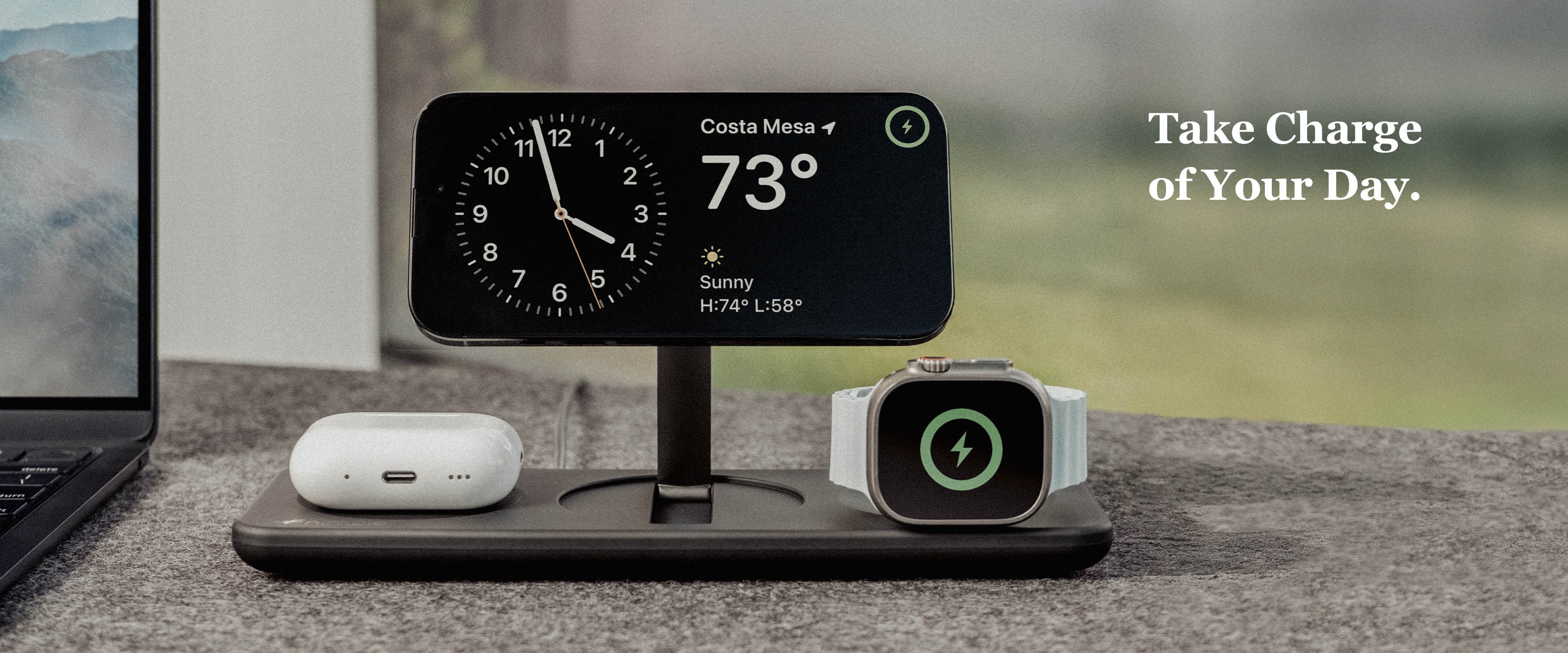 Banner image showing Podium 3-in-1 Wireless Charger with iPhone, AirPods, Apple Watch connected on desk next to computer and window in background. Text overlay Take Charge of Your Day.