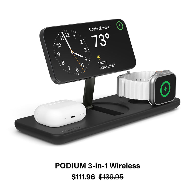 Nimble Podium 3-in-1 Wireless Charger with iPhone, Apple Watch, and AirPods charging on white background. Text below “PODIUM 3-in-1 Wireless $111.96 strikethrough $139.95”.