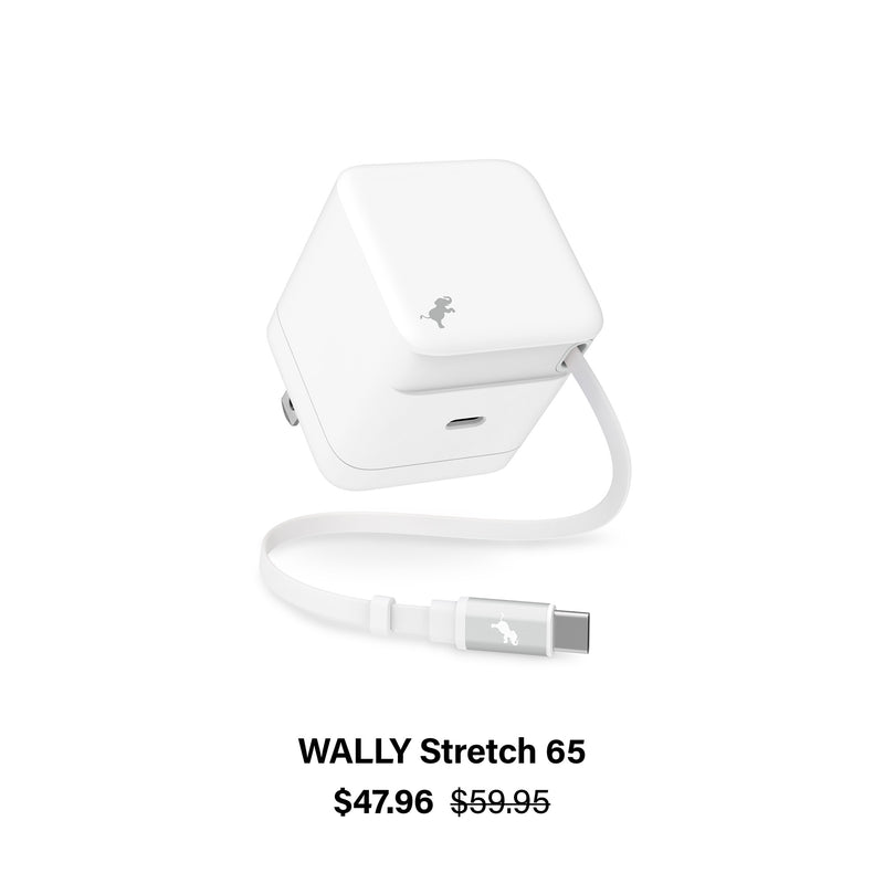 White wall charger with retractable USB-C cable and text WALLY Stretch 65 $47.96 strikethrough $59.95