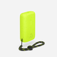 Yellow portable charger with a black strap on a white background
