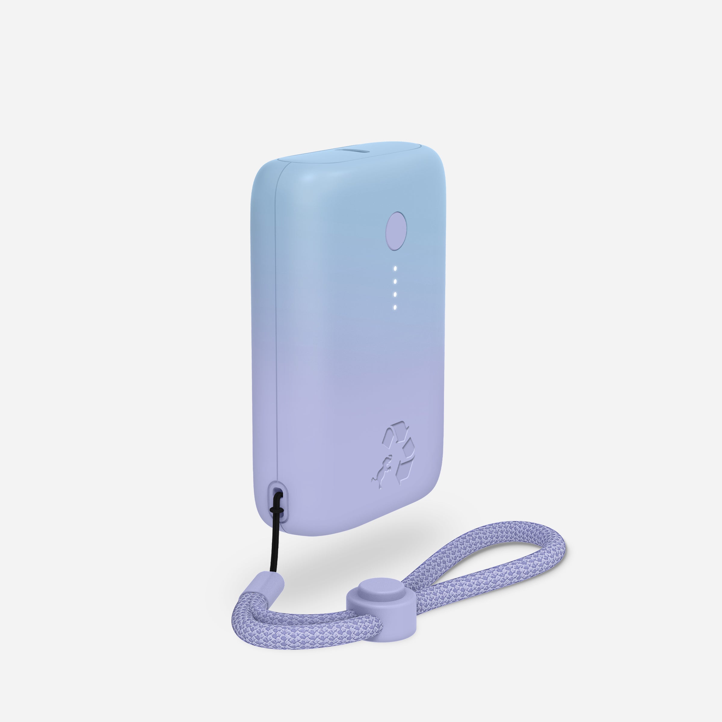 A compact portable charger in a gradient of blue to purple with a lanyard loop, displaying the brand logo.