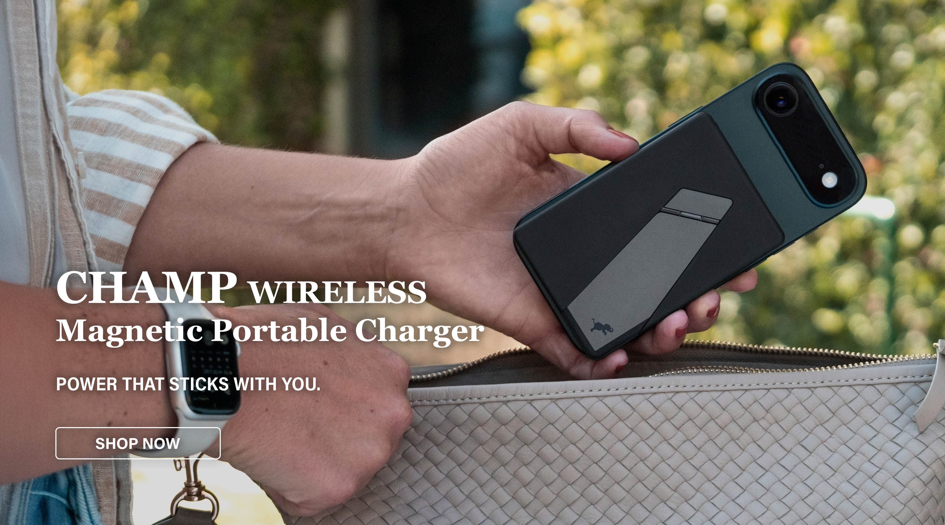 Magnetic battery with iPhone 17 Air being placed in handbag with text overlay 