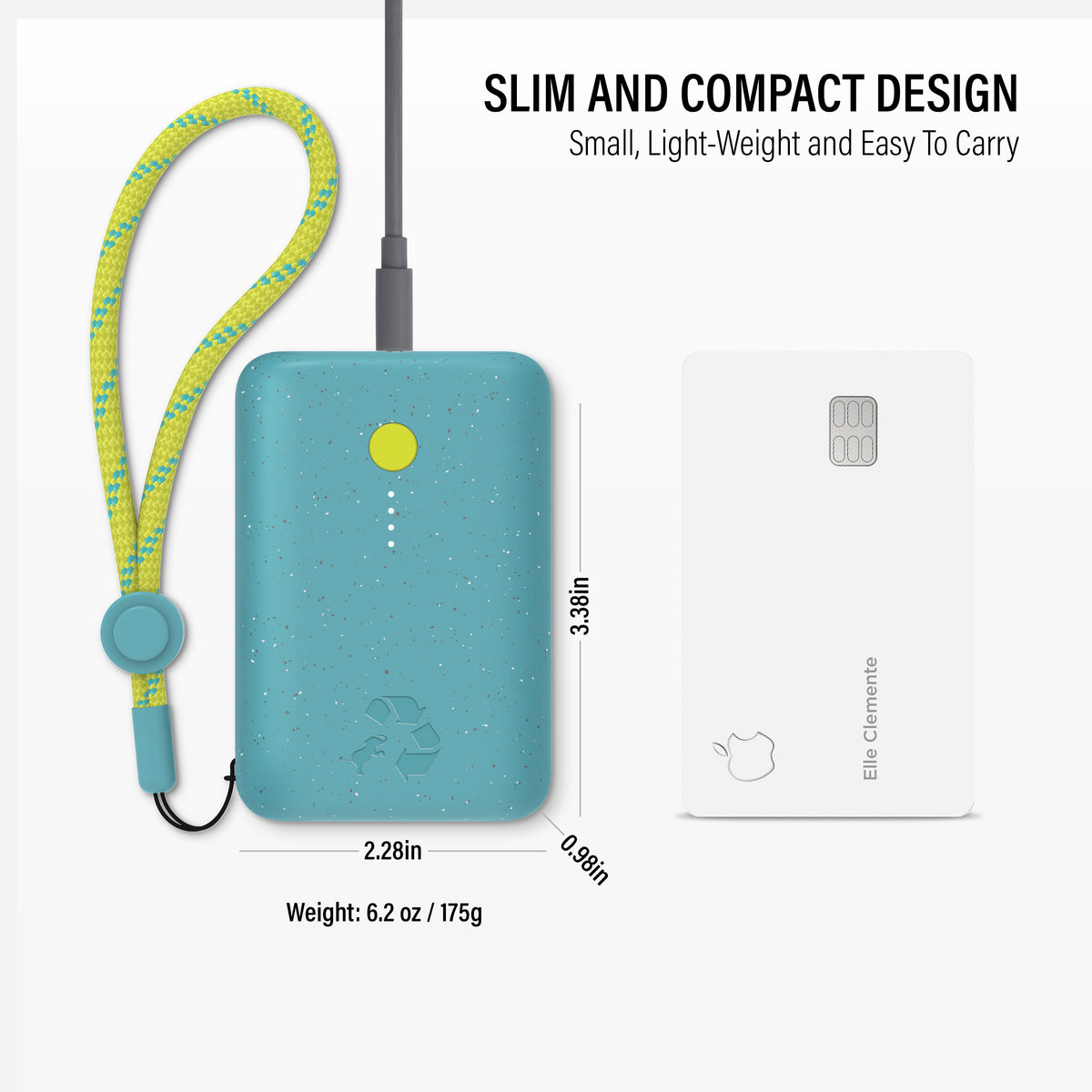 Teal power bank with a yellow lanyard, dimensions, weight, and brand information on a white background.
