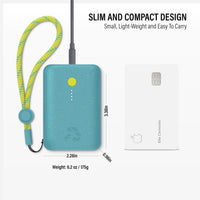 Teal power bank with a yellow lanyard, dimensions, weight, and brand information on a white background.