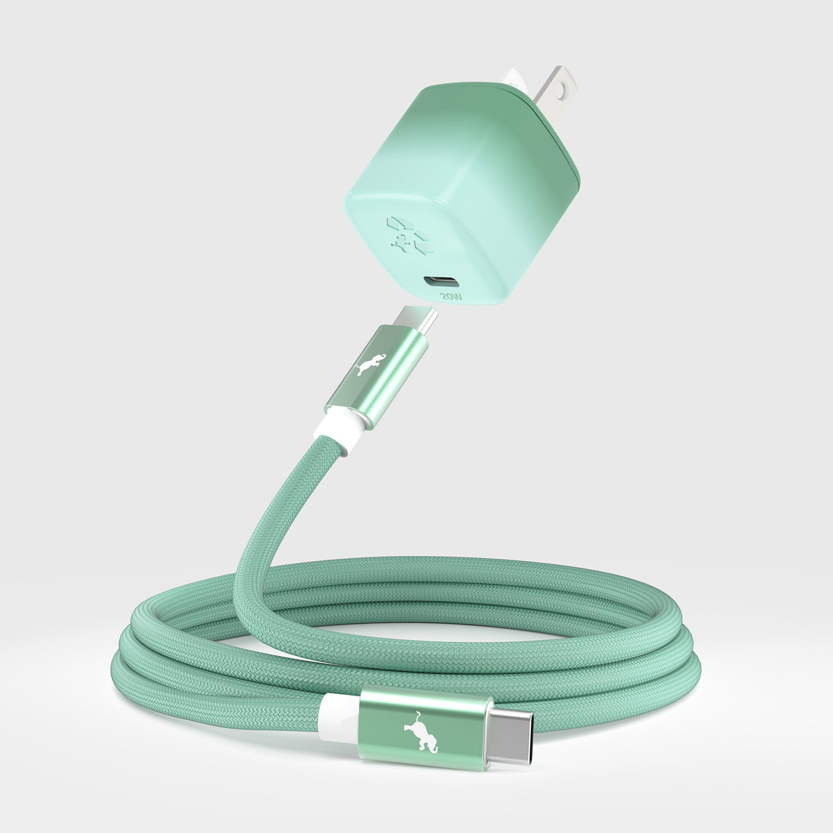 A mint green braided USB-C charging cable with a matching USB-C to USB wall charger, coiled on a white background.