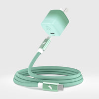 A mint green braided USB-C charging cable with a matching USB-C to USB wall charger, coiled on a white background.