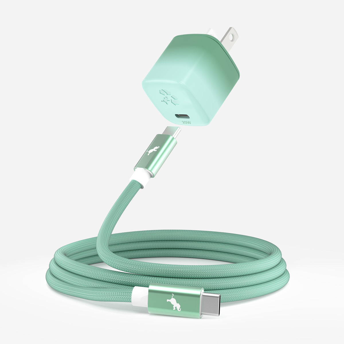 A mint green braided USB-C charging cable with a matching mint green wall charger, shown coiled on a light gray background.