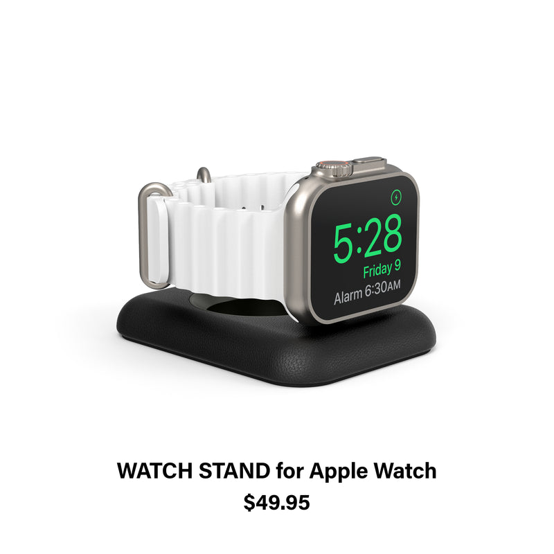 Nimble Watch Stand with Apple Watch charging on white background. Text below 