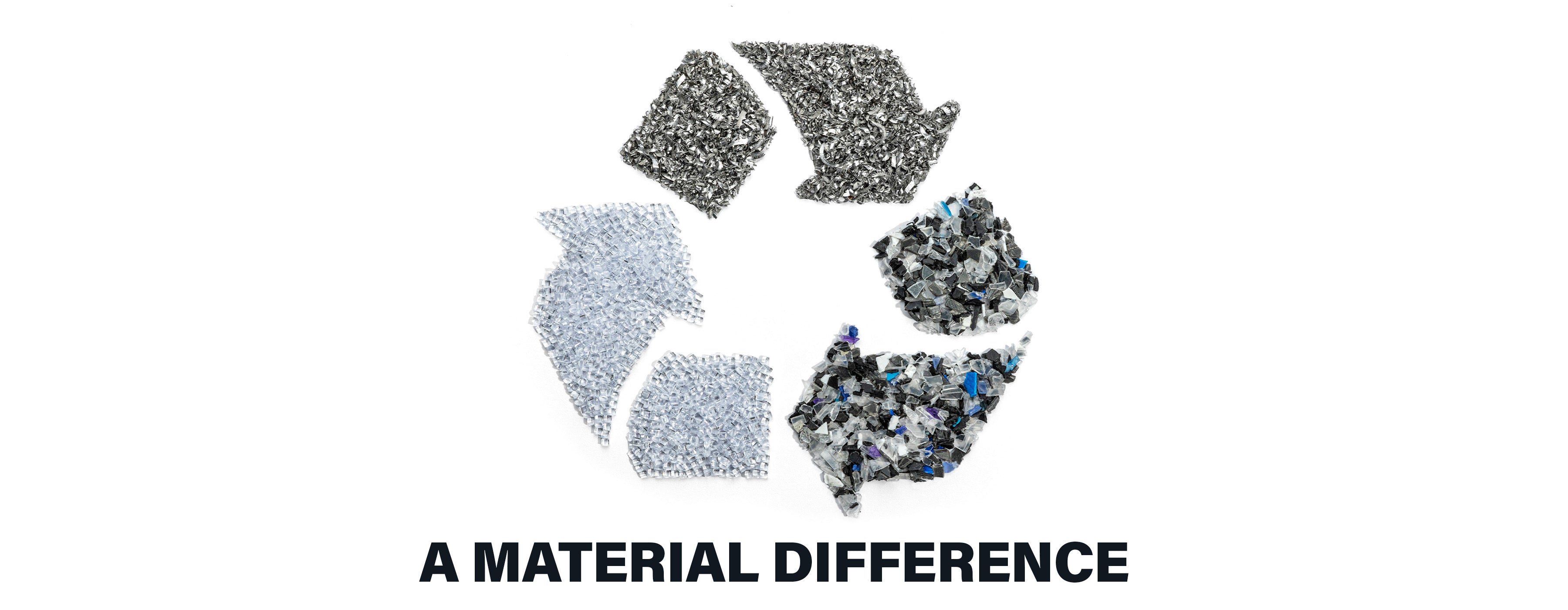 Recycling symbol made of different types of shredded and crushed materials, with the text A Material Difference underneath.