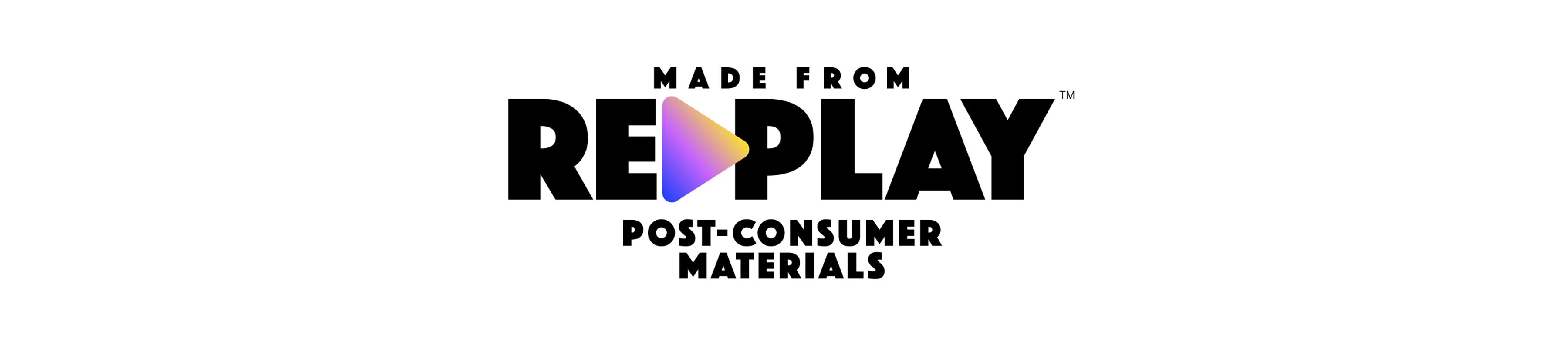 Logo with text Made from Replay Post-Consumer Glass by Nimble featuring a triangular gradient icon.