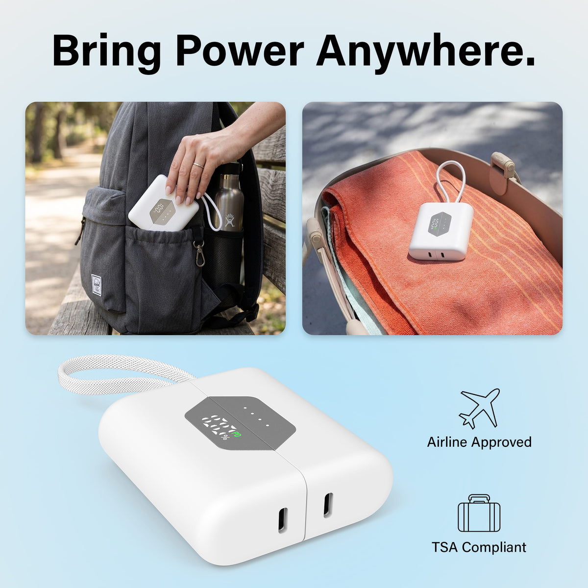 SHAREPOWER TSA-approved power bank packed in a travel bag in White, Liquid Crystal Blue, and Liquid Crystal Pink.