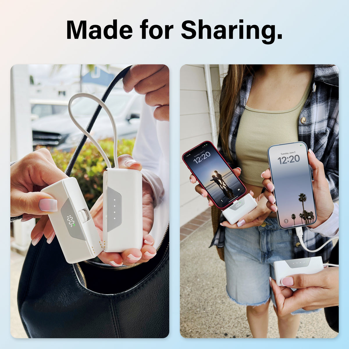 White. Liquid Crystal Blue. Liquid Crystal Pink. Two people each using a split SHAREPOWER battery module in Share Mode