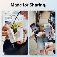 White. Liquid Crystal Blue. Liquid Crystal Pink. Two people each using a split SHAREPOWER battery module in Share Mode