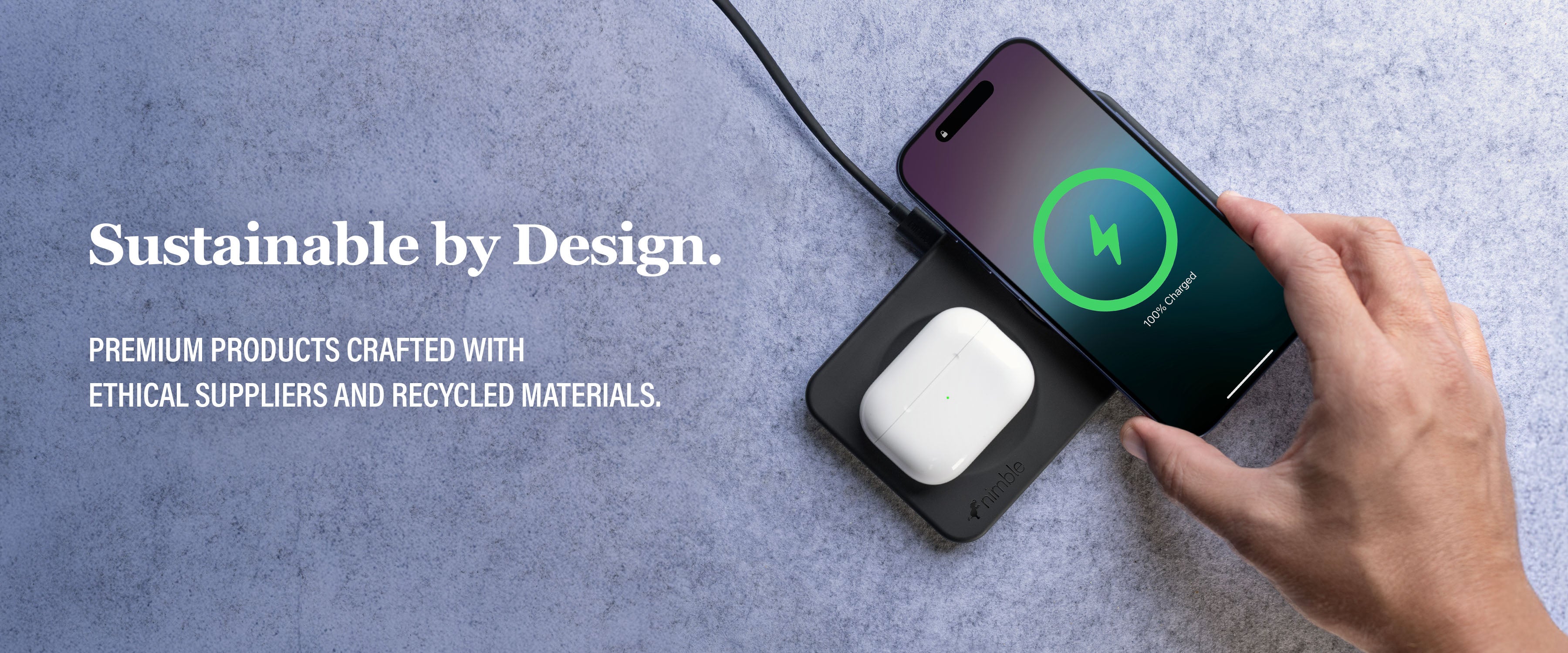 Hand placing iPhone next to AirPods on Podium 2-in-1 Wireless Charger with blue felt background and text 