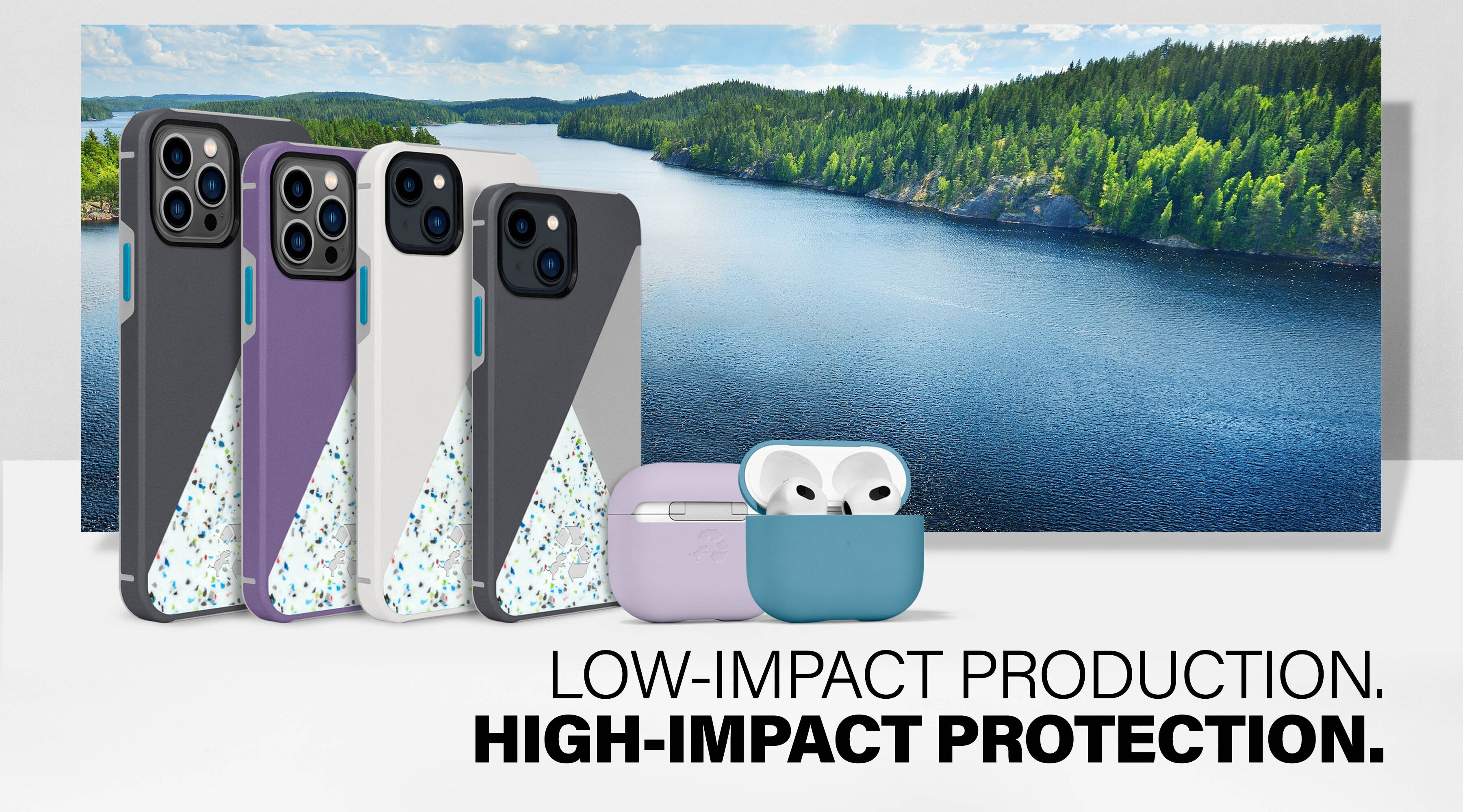 Nimble phone and AirPods cases in various colors with a nature background and the text Low-impact production. High-impact protection.