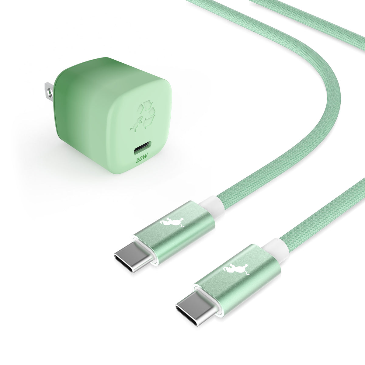 A mint green USB-C charging adapter and matching braided USB-C cable in the color Coastal Moss/Emerald Cove with metallic connector housings, shown on a clean white background.