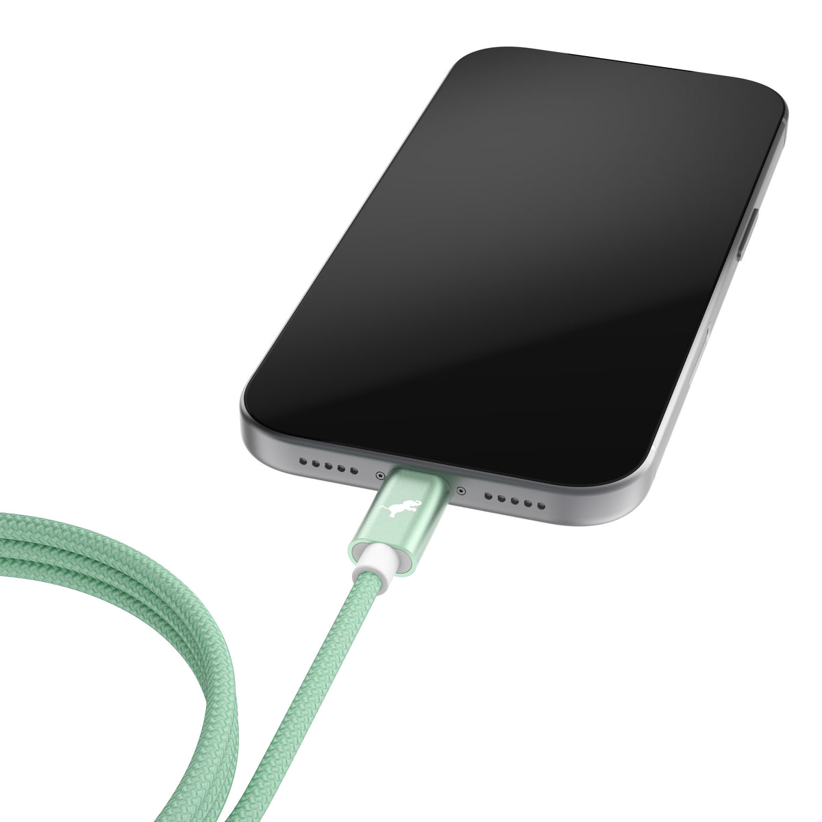 A mint green Coastal Moss/Emerald Cove braided charging cable connected to a black smartphone, shown on a clean white background.