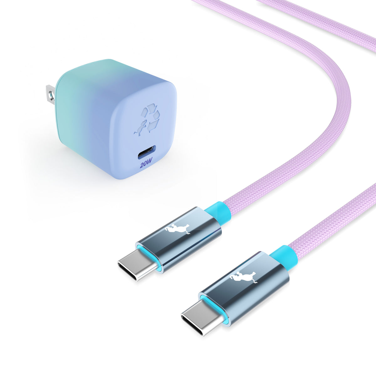 A USB-C charging adapter and matching cable set on Ocean Amethyst on a white background. The adapter has a pastel blue to mint green gradient, and the cable is light purple with turquoise accents on the connector rings and metallic connector bodies.