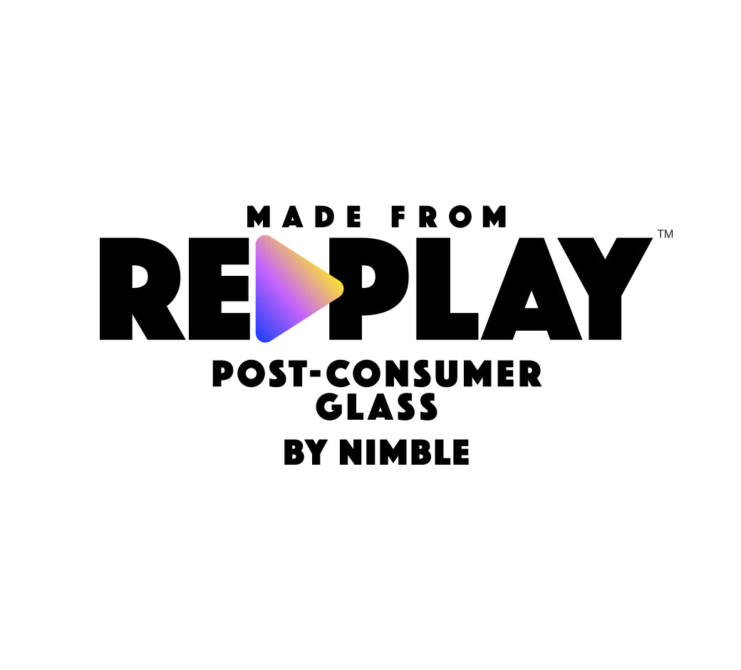 Logo with text Made from Replay Post-Consumer Glass by Nimble featuring a triangular gradient icon.