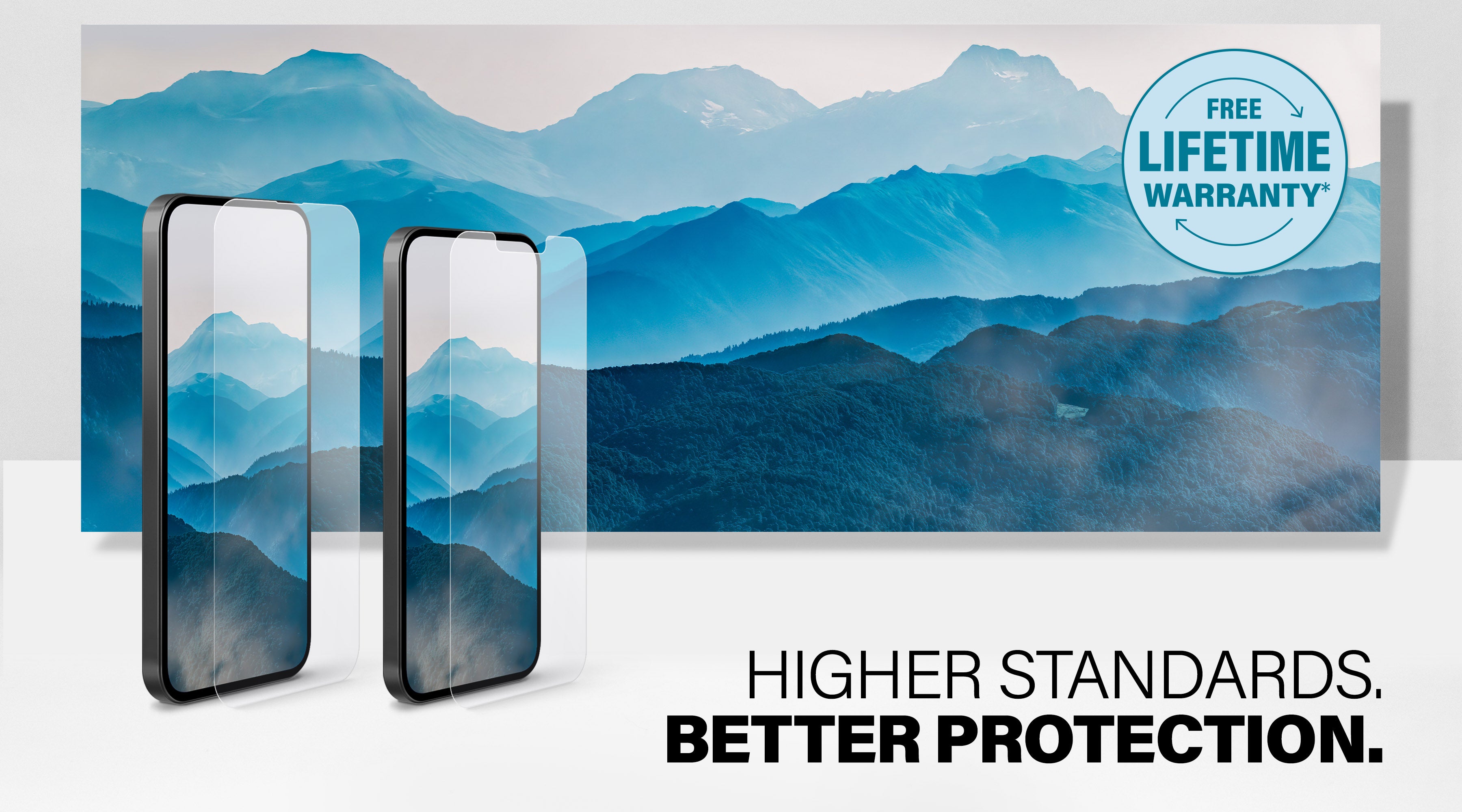 Nimble phone screen protectors with a mountain landscape background, featuring a Free Lifetime Warranty badge and the text Higher Standards. Better Protection.