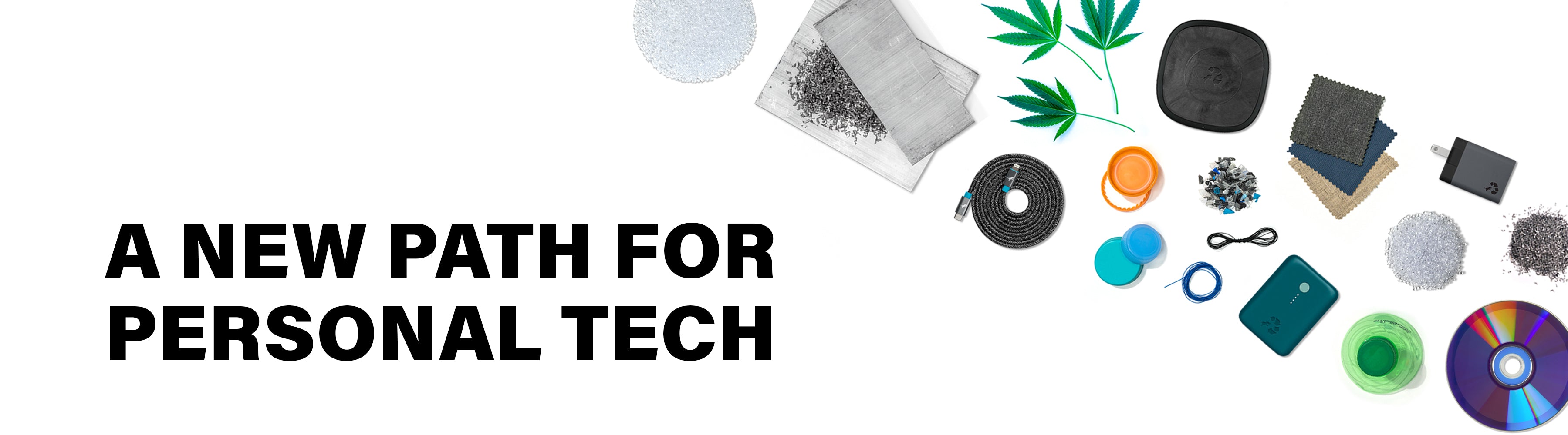 A collage of personal tech items and materials with the text A New Path for Personal Tech.