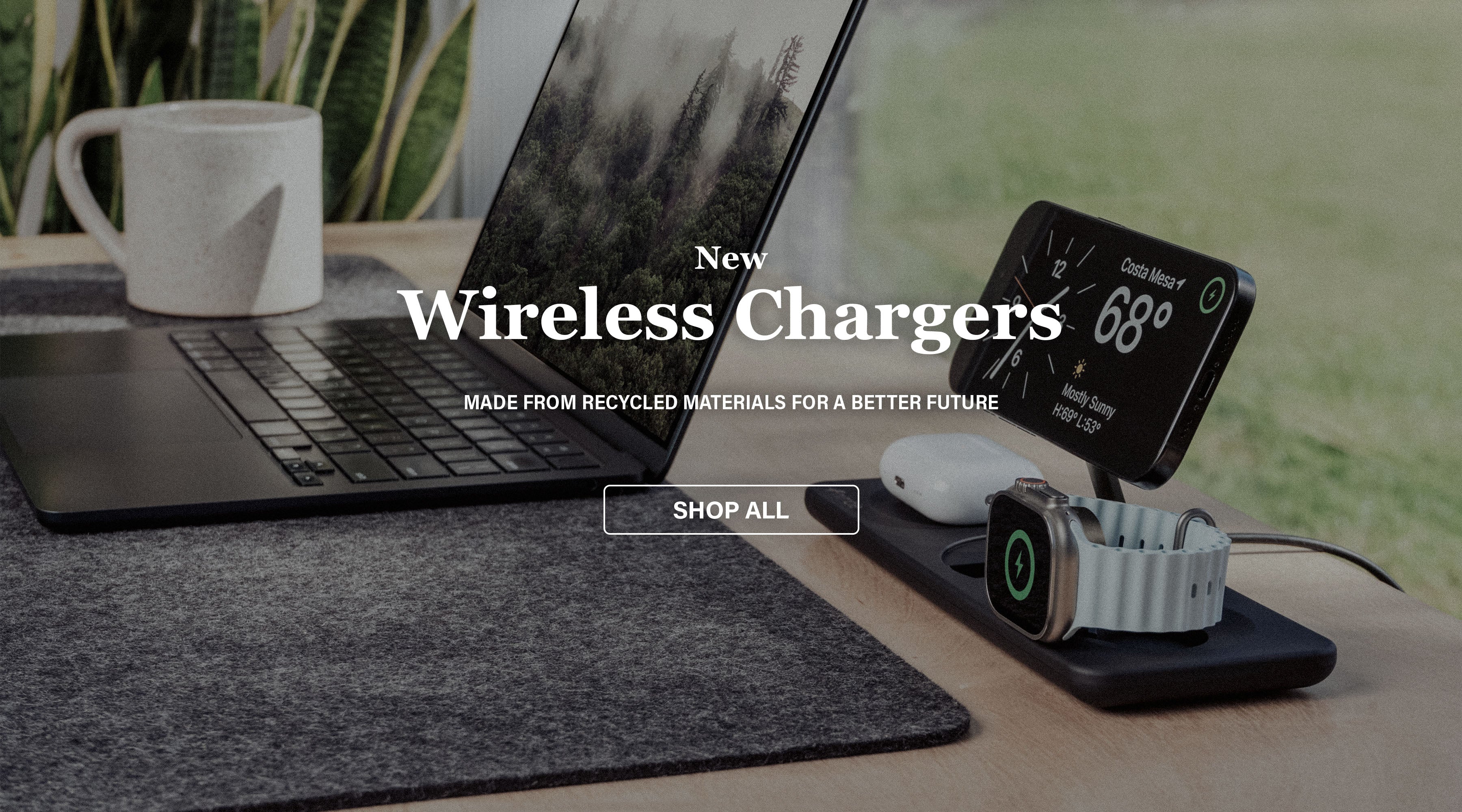 Banner with image of Podium 3-in-1 Wireless Charger with iPhone, Apple Watch, AirPods charging on a desk with a view of grass outside. Text overlay 