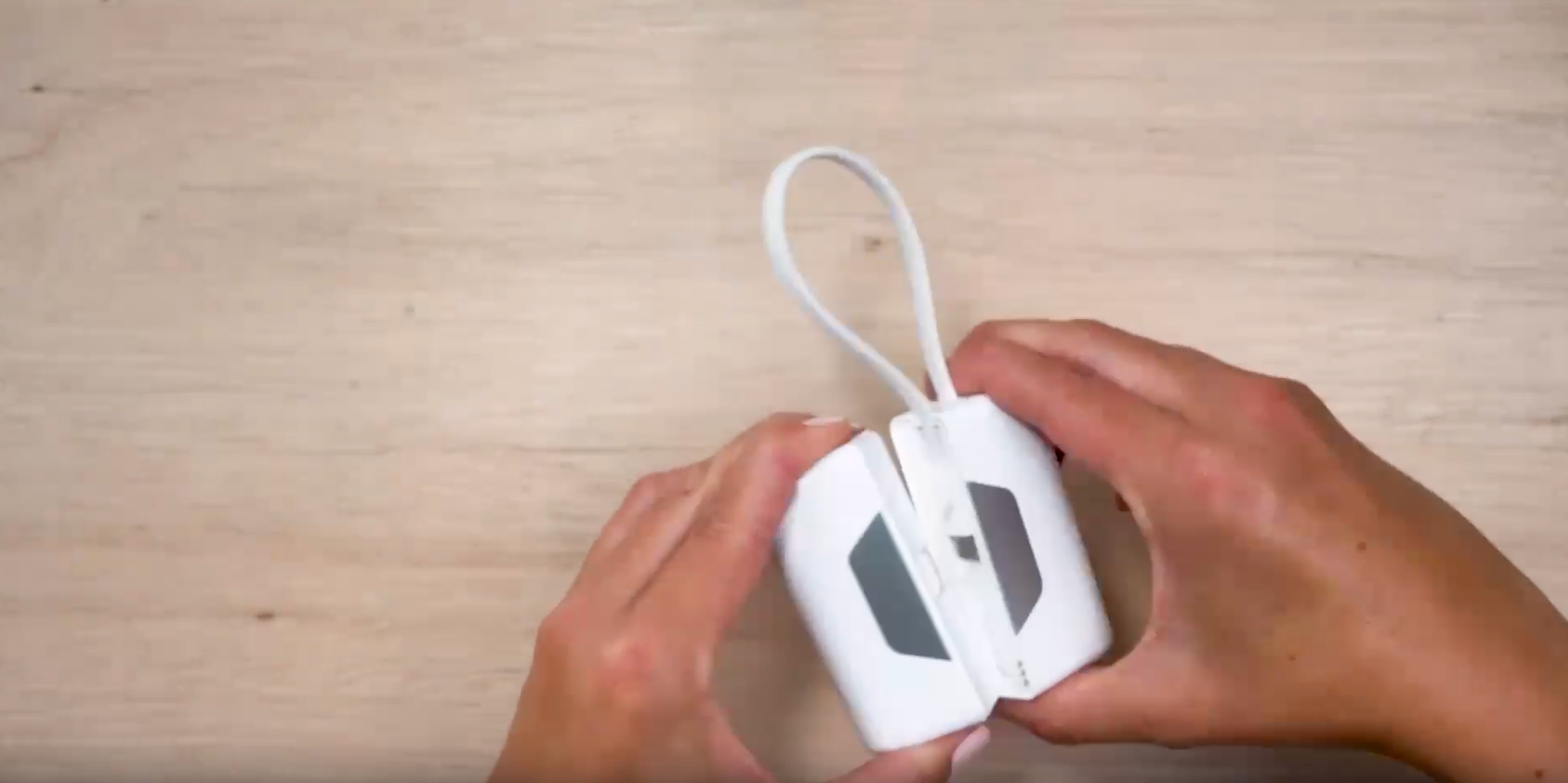 SHAREPOWER sharable portable charger in liquid crystal blue, white and liquid crystal pink colors.